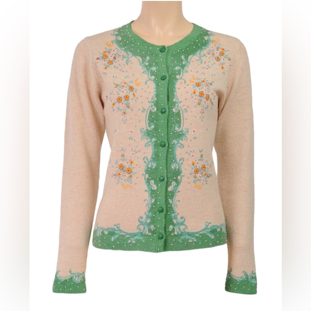 New Louie Lucie Floral Embroidered Beaded Blue Cream Cardigan Cottagecore XL